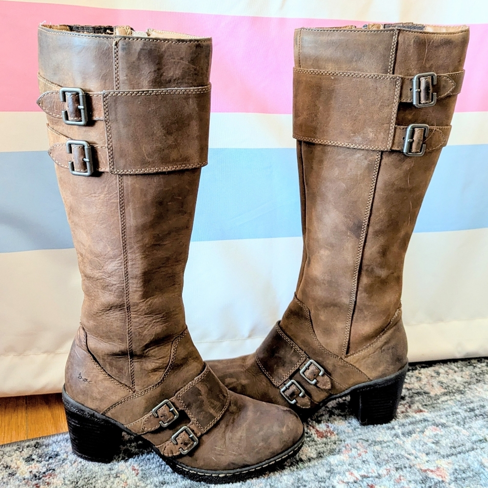 Born BOC Brown Suede Leather Knee High Buckled Boots Moto Coastal Cowgirl Y2K 8